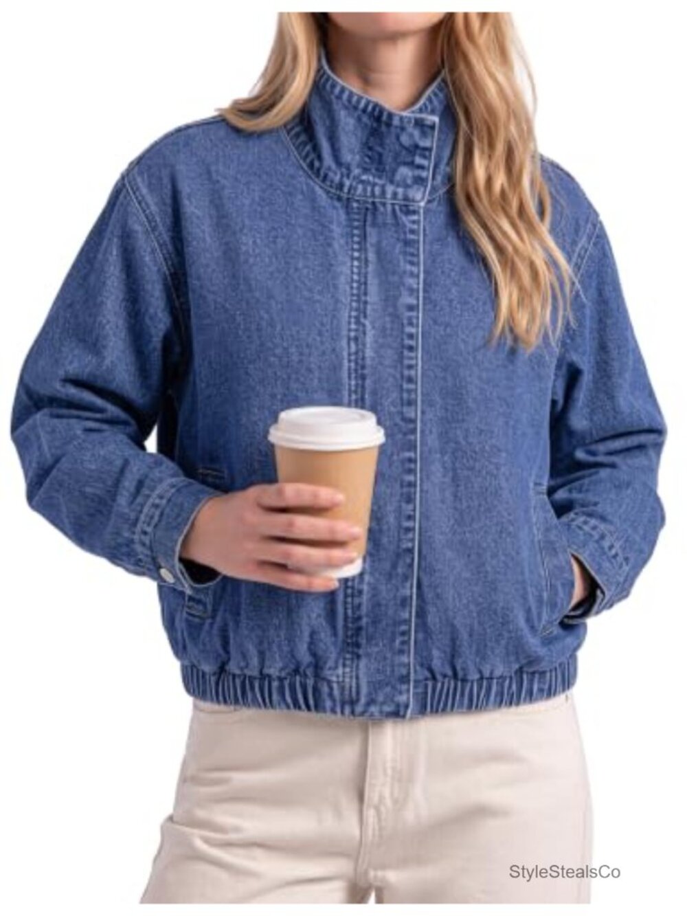 Oversized Denim Jacket Funnel Neck Zip Up Snap Closure Casual